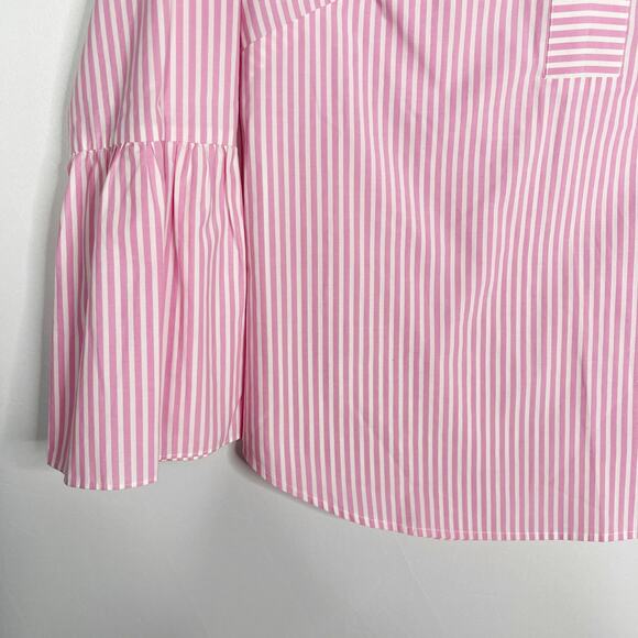 J Crew Womens Size 2 Pink White Bell 3/4 Sleeve Blouse Top Split V Neck Cotton - Picture 6 of 12